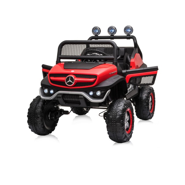 Акумулаторен джипMercedes UNIMOG червенEVA,кожена