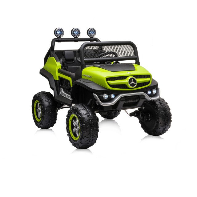 Акумулаторен джипMercedes UNIMOG зелен EVA,кожена