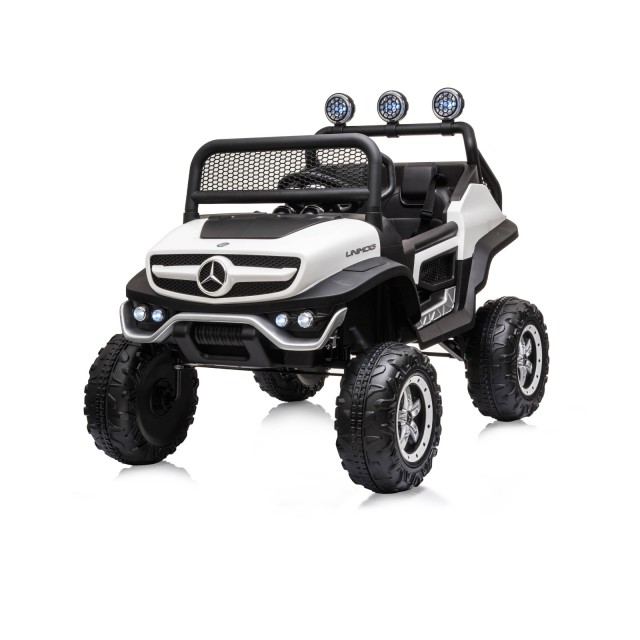 Акумулаторен джип Mercedes UNIMOG бял EVA, кожена