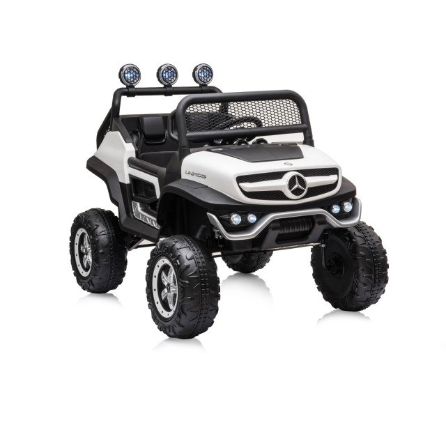 Акумулаторен джип Mercedes UNIMOG бял EVA, кожена