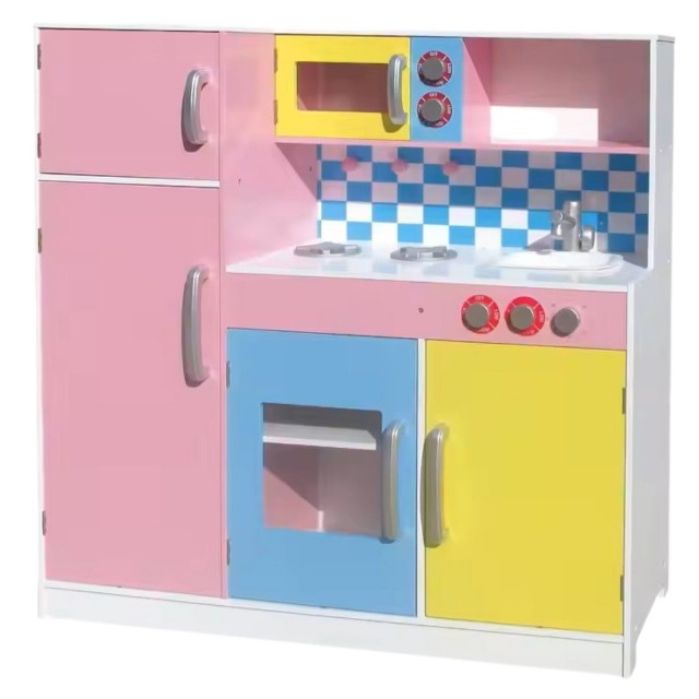 Παιδική κουζίνα GINGER HOME, Ξύλινο παιχνίδι για παιχνίδια ρόλων με πολύχρωμο σχέδιο, Διαστάσεις 90x30x90 cm