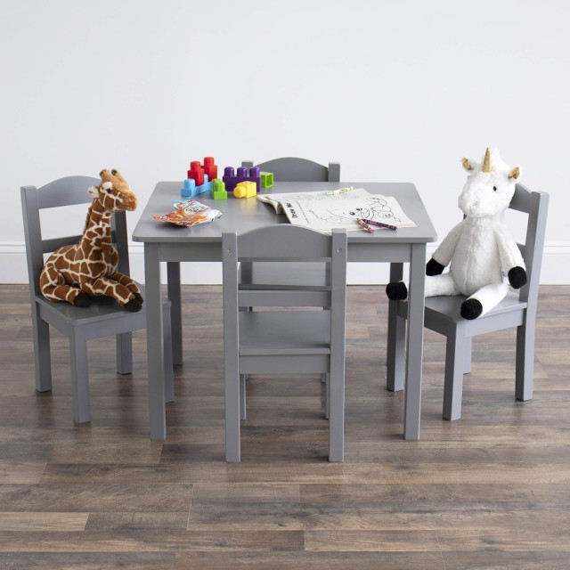 Παιδικό Τραπέζι με 4 Καρέκλες GINGER HOME – Ξύλινο Παιδικό Τραπέζι για Παιχνίδι και Μάθηση, Γκρι Σετ 66×56×48 cm
