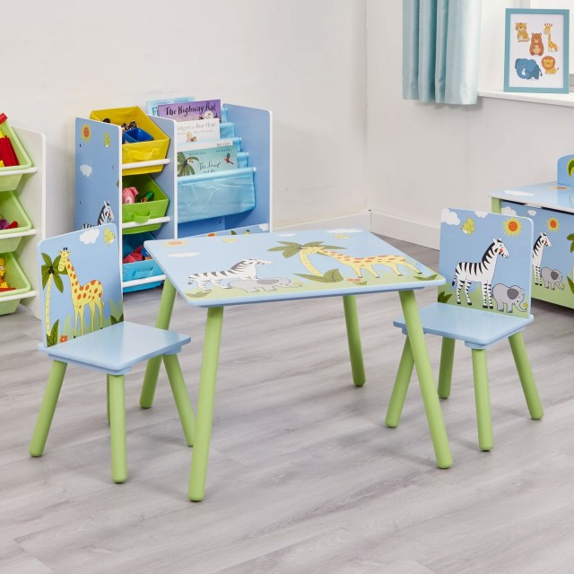 Детска Маса със Столчета GINGER HOME за Рисуване, Игра, Хранене, Дървена, Детска Стая SAFARI