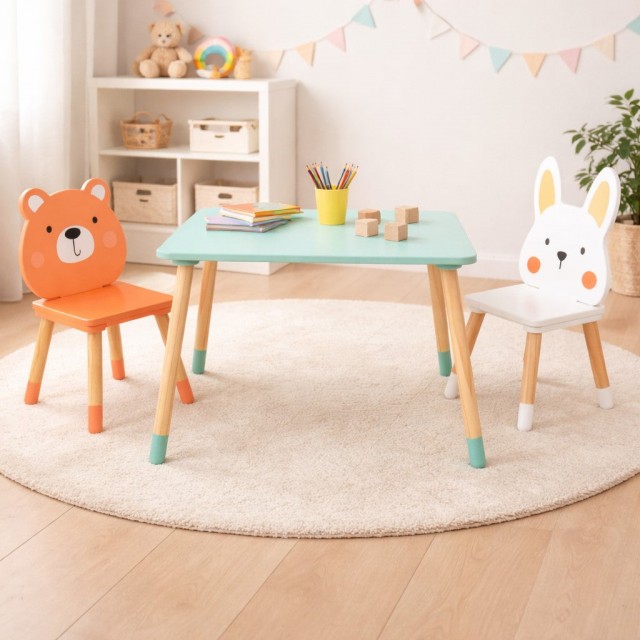 Παιδικό Ξύλινο Τραπέζι με 2 Καρέκλες GINGER HOME – Αρκουδάκι και Κουνελάκι, Σετ Παιχνιδιού και Μάθησης