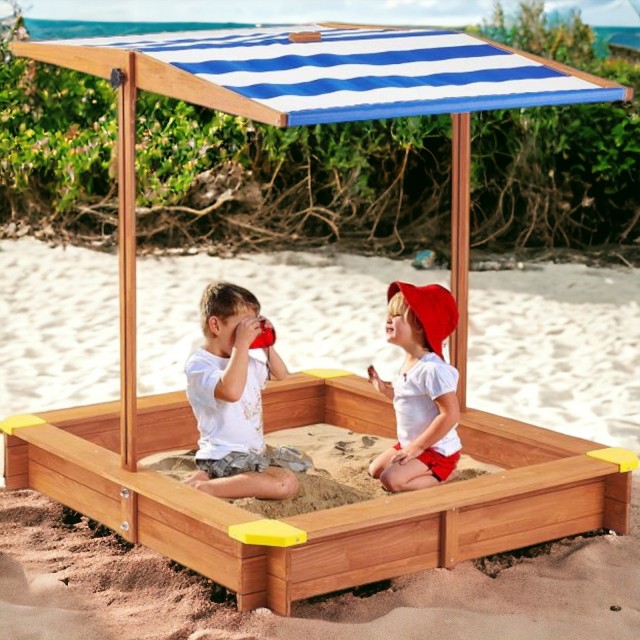 Παιδικό sandbox από ξύλο 118x118x118 cm, με ρυθμιζόμενο, αδιάβροχο κάλυμμα κουβούκλιο-αντι-UV