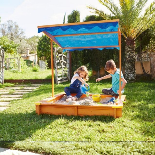 Παιδικό sandbox από ξύλο 117x117 cm, με ρυθμιζόμενο, αδιάβροχο κάλυμμα θόλου anti-UV 30