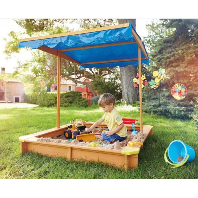 Παιδικό sandbox από ξύλο 117x117 cm, με ρυθμιζόμενο, αδιάβροχο κάλυμμα θόλου anti-UV 30