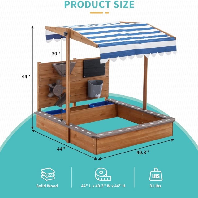 Παιδικό Ξύλινο Sandbox GINGER HOME με ρυθμιζόμενη οροφή, αξεσουάρ παιχνιδιού 120x120x120 cm - Ιδανικό για αυλή και κήπο