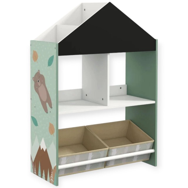 Детски Шкаф GINGER HOME, Етажерказа Играчки и Книжки  с Мече, Черна Дъска за Писане, Къщичка FOREST