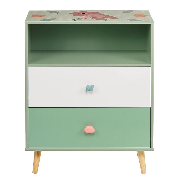 Детски Шкаф за Играчки и Дрехи GINGER HOME, Етажерка с за Детска Стая с 2 чекмеджета, Мече, FOREST