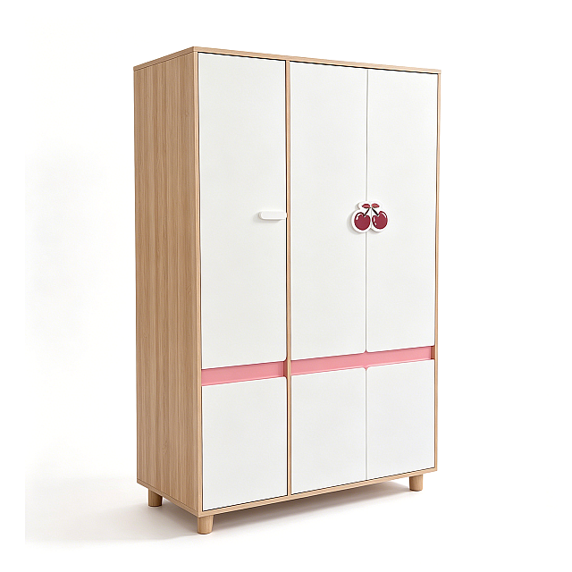 Παιδική Τρίφυλλη Ντουλάπα GINGER HOME CHERRY, με Ράφια, Μοχλό Κρεμάστρας και 6 Πόρτες, Λευκό, Ροζ και Φυσικό Ξύλο, 120x60x180 εκ.