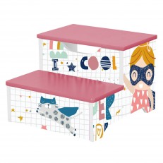 Παιδική καρέκλα GINGER HOME, Ξύλινο Σκαλοπάτι σε 2 Επίπεδα, Σκάλα για Παιδικό Δωμάτιο, ροζ, SUPER GIRL