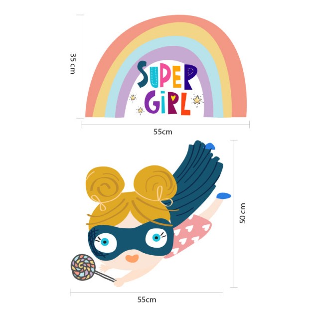 Σετ 2 αυτοκόλλητα SUPER GIRL για διακόσμηση παιδικού δωματίου, τοίχου, παραθύρου, επίπλων