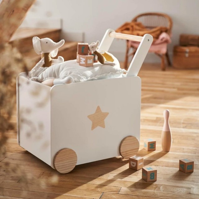 Παιδικό κουτί παιχνιδιών GINGER HOME με ρόδες και λαβή ώθησης, Ξύλινο, Λευκό, 38x45x54 cm.