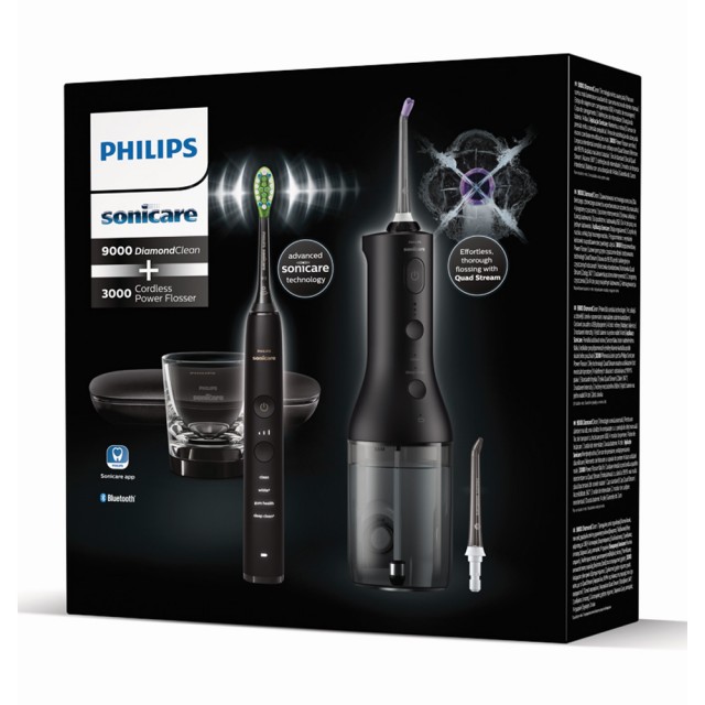 Σετ Oral shower Power Flosser 3000 και Ultrasonic οδοντόβουρτσα DiamondClean 9000, HX3866/43, μαύρο
