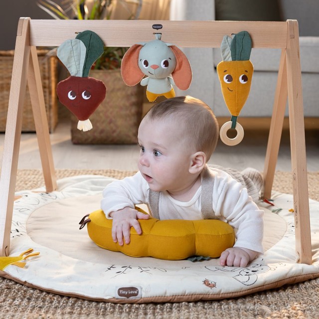 Active gymnastics Tiny Love Luxe Gymini από τη σειρά Eco Garden of Adventures, με στρογγυλό χαλί διαμέτρου 90 cm, ξύλινη καμάρα, 3 παιχνίδια και μαξιλάρι για παιχνίδι στο στομάχι, 0m+