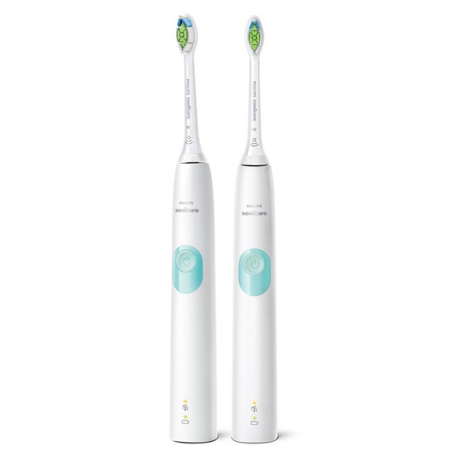 Το σετ Philips Sonicare ProtectiveClean Series 4300 HX6807/35 περιλαμβάνει 2 λευκές ηλεκτρικές οδοντόβουρτσες sonic με κομψές θήκες και 1 φορτιστή