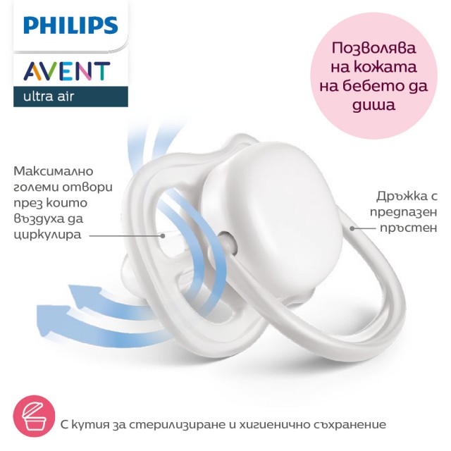 2 τεμάχια ορθοδοντικών πιπίλων σιλικόνης Philips AVENT SCF349/58 Ultra Air, 18m+, με εικόνες, σε κουτί αποστείρωσης