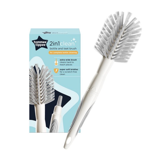 Tommee Tippee 2-in-1 Clean Βούρτσα δύο μερών για τον καθαρισμό μπιμπερό και θηλών, λευκό και γκρι