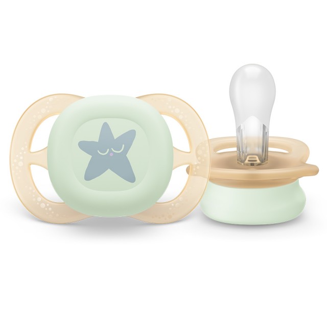 2 τεμάχια ορθοδοντικές πιπίλες που φωσφορίζουν στο σκοτάδι για νεογέννητα Philips AVENT SCF075/17 Ultra Start Night 0-2m, σε πορτοκαλί και μωβ χρώμα με διακόσμηση φεγγαριού και αστεριών, σε κουτί αποστείρωσης