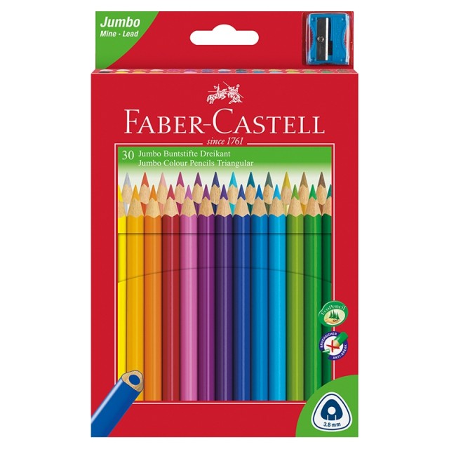Χρωματιστά μολύβια Faber-Castell Triangular Jumbo, 30 χρωμάτων, με περιλαμβανόμενη ξύστρα