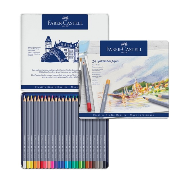 Μολύβια Faber-Castell Watercolor Goldfaber Aqua, 24 χρωμάτων, σε μεταλλική θήκη