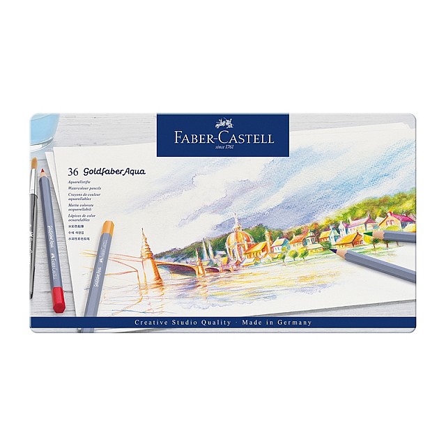 Μολύβια Faber-Castell Watercolor Goldfaber Aqua, 36 χρωμάτων, σε μεταλλικό κουτί