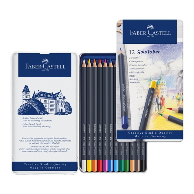 Χρωματιστά μολύβια Faber-Castell Goldfaber, 12 χρωμάτων, σε μεταλλικό κουτί