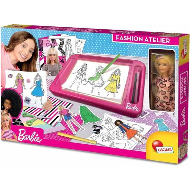 Σετ δημιουργικής δημιουργίας, Lisciani, Barbie, Σχολή σχεδίου με φωτεινό πίνακα, Στούντιο μόδας με κούκλα Barbie