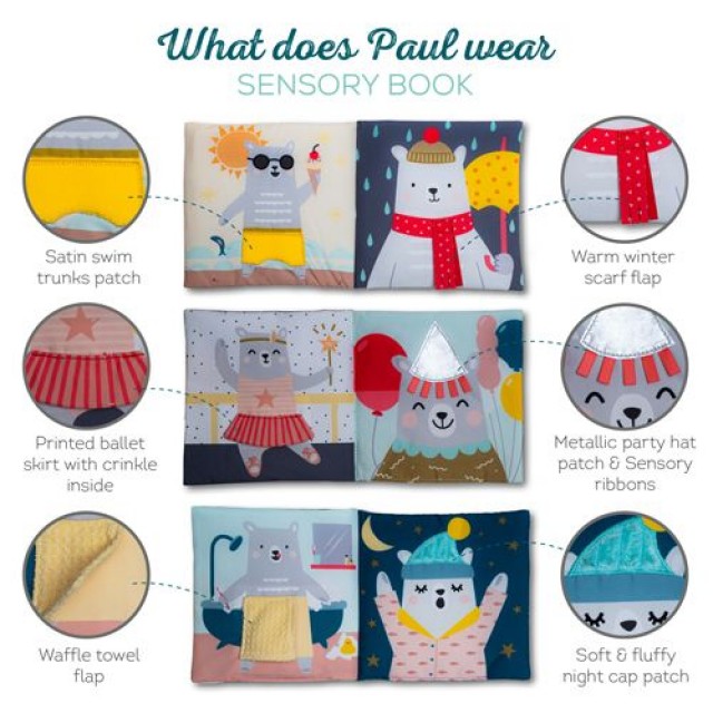 Απαλό αισθητηριακό βιβλίο What Paul is wears, 15 x 15 cm