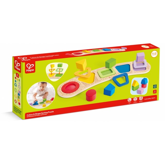 Ξύλινο παζλ με σχήματα για ταξινόμηση, Hape, 11 τεμάχια