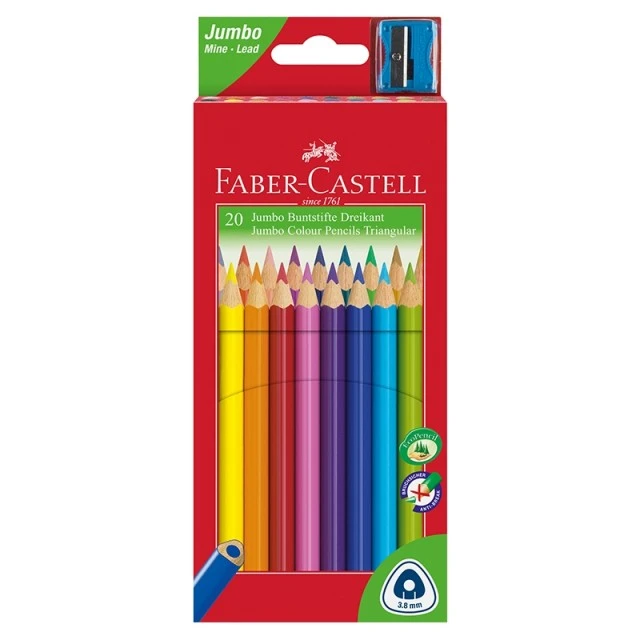 Faber-Castell τριγωνικά Jumbo χρωματιστά μολύβια, 20 χρώματα, με ξύστρα