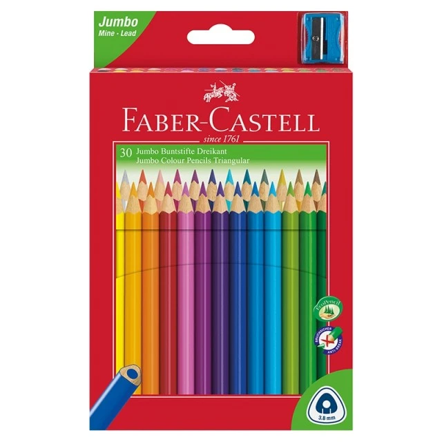Χρωματιστά μολύβια Faber-Castell Triangular Jumbo, 30 χρωμάτων, με περιλαμβανόμενη ξύστρα