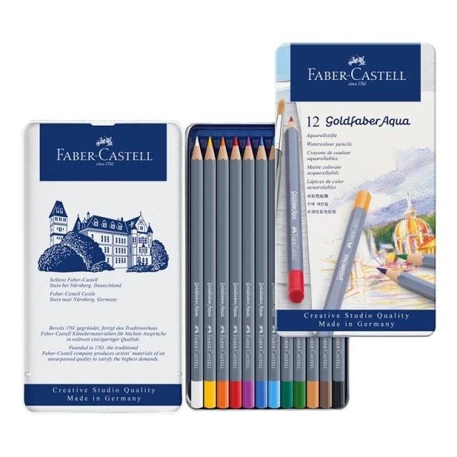 Faber-Castell ακουαρέλα μολύβια Goldfaber Aqua, 12 χρώματα, μεταλλική κασετίνα