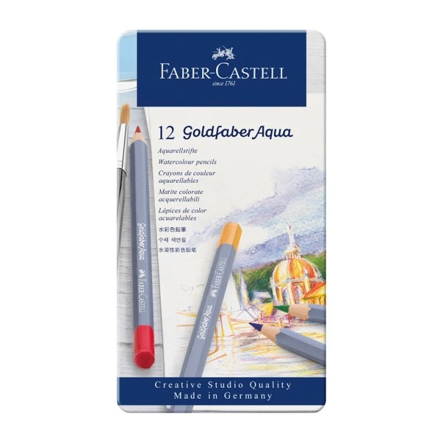 Faber-Castell ακουαρέλα μολύβια Goldfaber Aqua, 12 χρώματα, μεταλλική κασετίνα