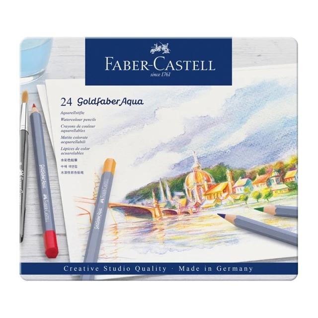 Μολύβια Faber-Castell Watercolor Goldfaber Aqua, 24 χρωμάτων, σε μεταλλική θήκη