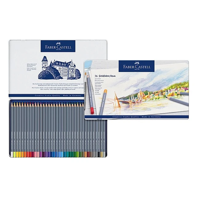 Μολύβια Faber-Castell Watercolor Goldfaber Aqua, 36 χρωμάτων, σε μεταλλικό κουτί