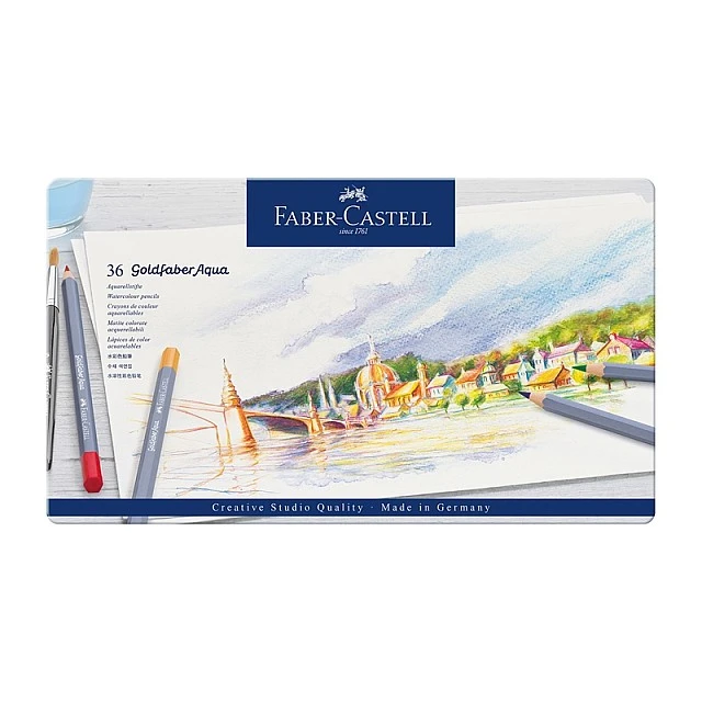Μολύβια Faber-Castell Watercolor Goldfaber Aqua, 36 χρωμάτων, σε μεταλλικό κουτί