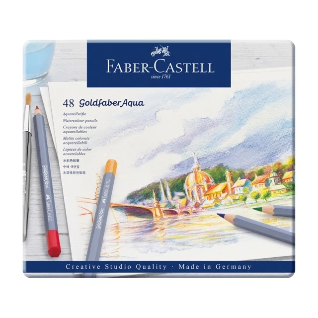Μολύβια Faber-Castell Watercolor Goldfaber Aqua, 48 χρωμάτων, σε μεταλλικό κουτί