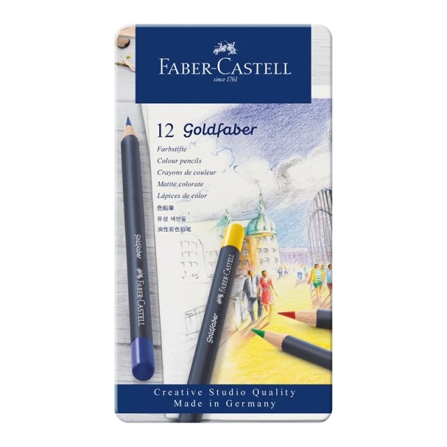 Χρωματιστά μολύβια Faber-Castell Goldfaber, 12 χρωμάτων, σε μεταλλικό κουτί