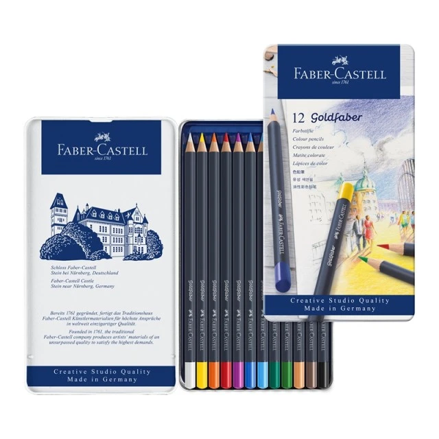Χρωματιστά μολύβια Faber-Castell Goldfaber, 12 χρωμάτων, σε μεταλλικό κουτί