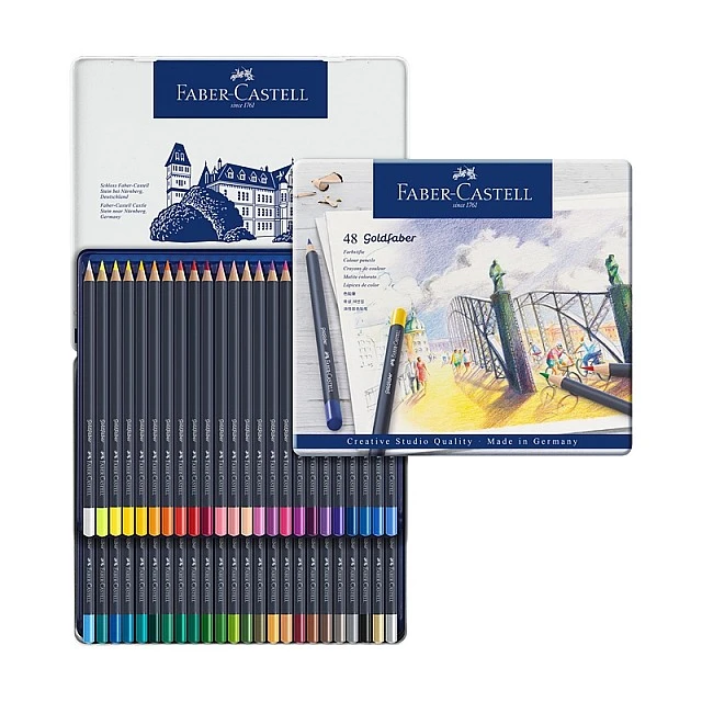 Χρωματιστά μολύβια Faber-Castell Goldfaber, 48 χρωμάτων, σε μεταλλικό κουτί