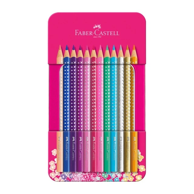 Faber-Castell χρωματιστά μολύβια Sparkle, μεταλλικό ροζ κουτί, 12 χρώματα