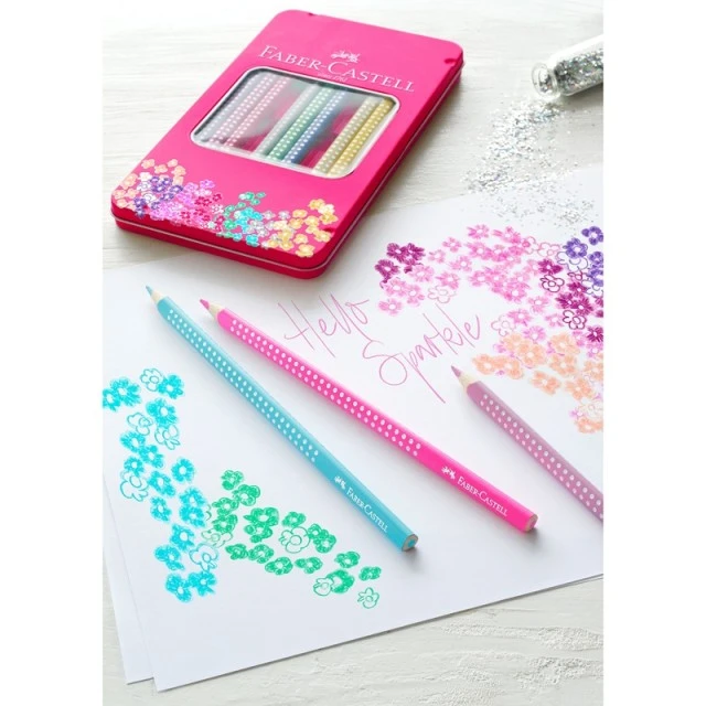 Faber-Castell χρωματιστά μολύβια Sparkle, μεταλλικό ροζ κουτί, 12 χρώματα