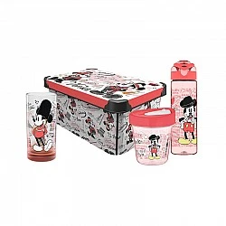 Disney Комплект Travel, кутия за съхранение 5 L, чаша за пътуване 350 ml, бутилка за пътуване 630 ml, стъклена чаша 300 ml, червени