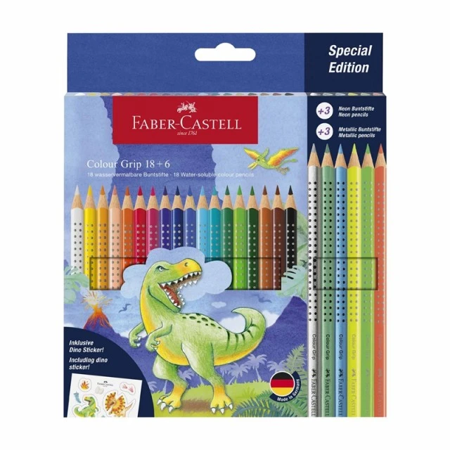Faber-Castell χρωματιστά μολύβια Grip 2001 - Δεινόσαυρος, 18 στάνταρ, 3 νέον και 3 μεταλλικά χρώματα