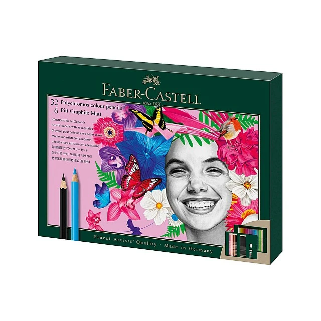 Χρωματιστά μολύβια Faber-Castell Polychromos, 36 χρωμάτων και μολύβια Pitt Graphite Matt μαύρο γραφίτη, 6 τεμαχίων, σε κουτί