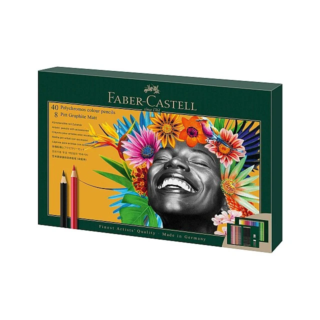 Χρωματιστά μολύβια Faber-Castell Polychromos, 40 χρωμάτων και μολύβια μαύρου γραφίτη Pitt Graphite Matt, 8 τεμαχίων, σε κουτί
