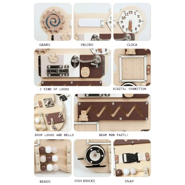 Ξύλινη Πλακέτα Αρκουδάκι GINGER HOME, Πλακέτα Montessori για Λεπτές Κινητικές Δεξιότητες, 30x39 εκ.