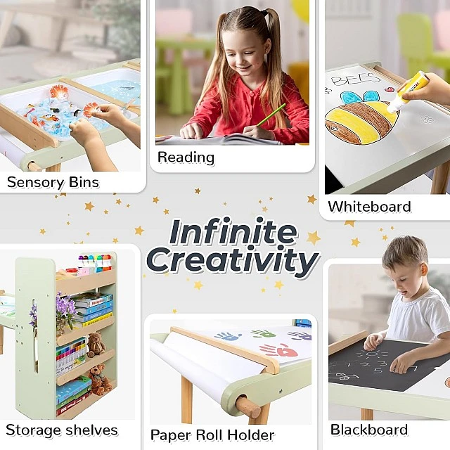 GINGER HOME Παιδικό Τραπέζι Δραστηριοτήτων 3 σε 1 με 2 Καρέκλες, Αισθητηριακό Τραπέζι Άμμου και Νερού, Λευκό και Μαύρο Πίνακα, Ράφι και Οργανωτή, 107x49x78 εκ.